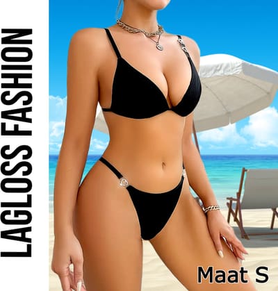 LaGloss® Zwart Tweedelig Dames Bikini – Sexy Badpak met 4 Bling Hartjes – Effen Kleur – Maat S