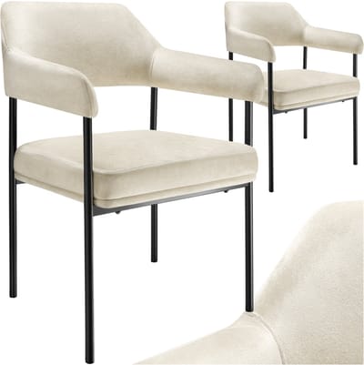 tectake® Eetkamerstoel met Armleuning - Set van 2 Eetkamerstoelen - Fluweelzachte stof - Open Rugleuning - Gestoffeerd met Stalen Poten - Stoelen voor Eetkamer - Gebroken Wit