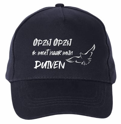 Mijncadeautje - 5 panel - Cap - Verstelbaar - Pet van 100% dik geborsteld katoen- unisex - opdruk wit - opzij opzij naar mijn duiven - navy blauw