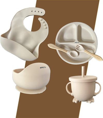 Afecto Siliconen Baby Eetset – 5-delig – Bord met Vakken, Lepel & Vork, Slab met Vangbakje, Zuignap Kom & Drinkbeker met Rietje – BPA-vrij -ivoor - complete set