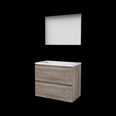 Basic-Line Basic 46 Badkamermeubelset - 80 x 46 cm - Greeploos - 2 Lades - Acryl Wastafel - Zonder Kraangat - Spiegel - Scotch Oak