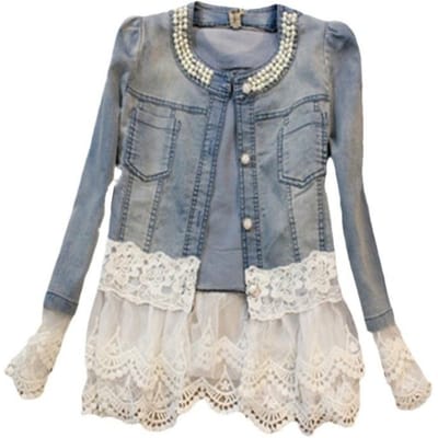 Denim Jas Mode Kralen Dunne Splicing Denim Kleding Vrouwen S gray
