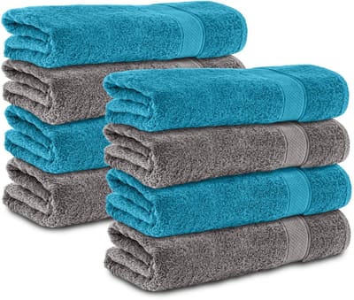 Unyqoos® Set van 8 Luxe Zachte Katoenen Handdoeken in Antracietgrijs en Turquoise