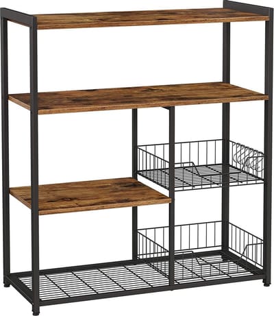 keukenrek, staand rek met 2 metalen manden, bakkersrek met haken en planken, magnetronrek, 80 x 35 x 95 cm, industrieel design, vintage, donkerbruin, KKS96X