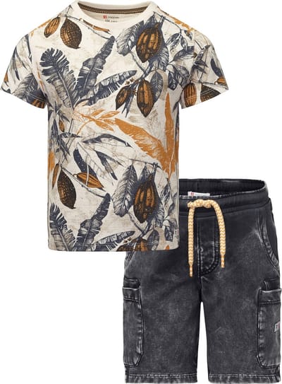 Noppies - Bio kledingset - 2delig - broek Short Glan - Ebony - shirt Gingoog Antique White all over print - Maat 104