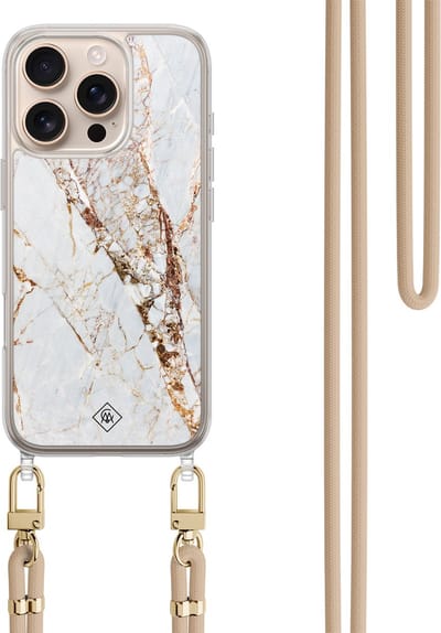 Casimoda® hoesje met koord - Geschikt voor iPhone 16 Pro Max - Marmer Goud - Afneembaar koord - TPU/polycarbonaat - Goudkleurig
