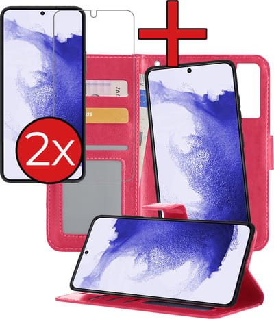 Hoesje - 2 in 1 - Geschikt voor Samsung Galaxy S22 - Met 2x Screenprotector - En Uitneembare Hard Cover - Kunstleer - Bookcase - Wallet Case - Met Pasjeshouder - Book Case - Uitneembaar - Pashouder - Kunstleer - Telefoonhoes - Donkerroze