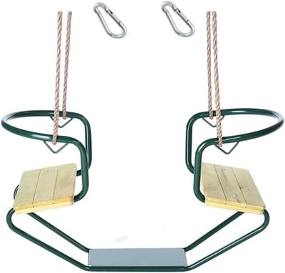 Dubbele metalen schommel met houten stoelen en verstelbare touwen voor kinderen