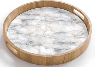 Dienblad rond 40x40 cm - Schootdienblad hout - Grijs - Marmer - Gedetailleerd - Borrelplank rechthoek - Plateau houten dienbladen
