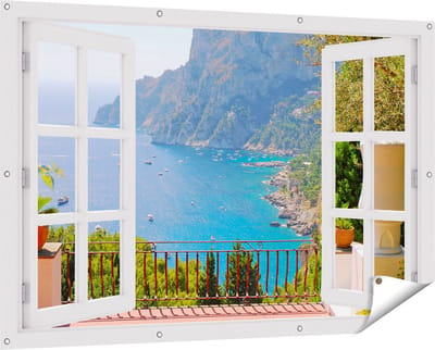 Gards Tuinposter Doorkijk Vergezicht vanaf het Terras op Bergen - 150x100 cm - Tuindoek - Tuindecoratie - Wanddecoratie buiten - Tuinschilderij
