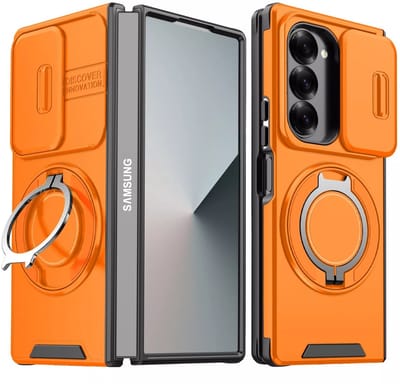 Hoesje Geschikt voor Samsung Galaxy Z Fold 6 hoesje Oranje backcover met Met Draaibare Ring Houder en camera bescherming