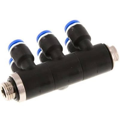4mm x G1/8'' 6-way Manifold Messing/PA 66 Insteekfitting Buitendraad Draaibaar NBR