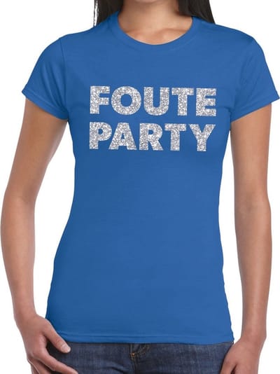 Foute Party verkleed t-shirt - zilveren glitter tekst - blauw - voor dames - Party kleding XS