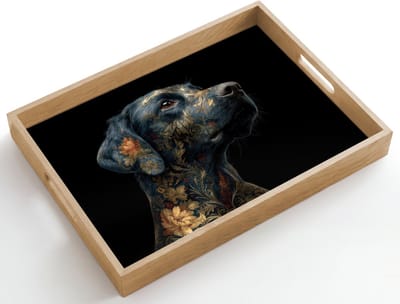 Dienblad hout 50x35 cm - Schootdienblad - Hond - Zwart - Bloemen - Borrelplank rechthoek - Plateau dienbladen