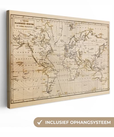 Canvas schilderij 90x60 cm - Wanddecoratie Wereldkaart - Vintage - Bruin - Educatief - Muurdecoratie woonkamer - Kamer decoratie accessoires - Schilderijen