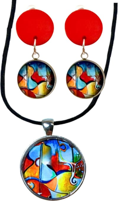Set Rivka -ketting en clip oorbellen -rood gekleurde hanger - Charme Bijoux
