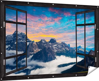 Gards Tuinposter Doorkijk Bergen Landschap met Wolken in Italië - 180x120 cm - Tuindoek - Tuindecoratie - Wanddecoratie buiten - Tuinschilderij