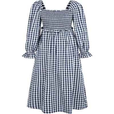 Miso Midi-jurk met lange mouwen en gingham-patroon voor dames (Marine, Wit)