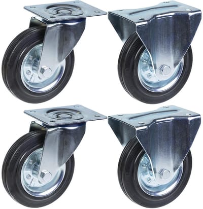 160 mm (6") rubberen zwenk- en vaste wielen, met een draagvermogen van 600 kg, set van 4