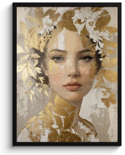 Poster in lijst - Fotolijst 60x80 cm - Posters - Gezicht - Vrouw - Bladeren - Goud - Posterlijst zwart - Decoratie - Wanddecoratie woonkamer - Muurdecoratie slaapkamer