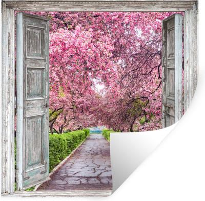 Muurstickers - Sticker Folie - Sakura - Doorkijk - Boom - Kersenbloesem - 100x100 cm - Plakfolie - Muurstickers Kinderkamer - Zelfklevend Behang XXL - Zelfklevend behangpapier - Stickerfolie