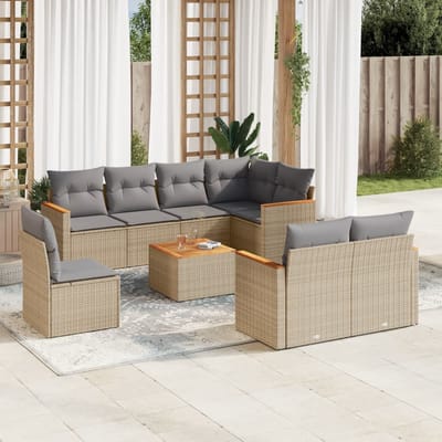 vidaXL - 9-delige - Loungeset - met - kussens - poly - rattan - gemengd - beige
