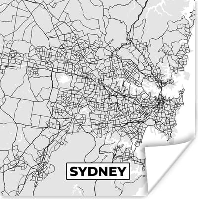 Poster Sydney - Stadskaart - Plattegrond - Zwart Wit - Kaart - 100x100 cm XXL
