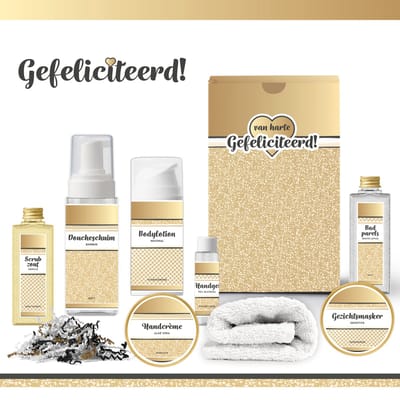 Geschenkset “Van harte gefeliciteerd!” - 8 producten - 750 gram | Giftset voor haar - Luxe wellness cadeaubox - Cadeau vrouw - Set Verjaardag - Geschenk jarige - Cadeaupakket moeder - Oma - Vriendin - Zus - Verjaardagscadeau - Geslaagd - Goud
