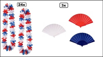 24x Hawaikrans rood/wit/blauw + 3x Waaier rood/wit/blauw - Tropical party WK Voetbal festival thema feest beachparty hawaii slinger