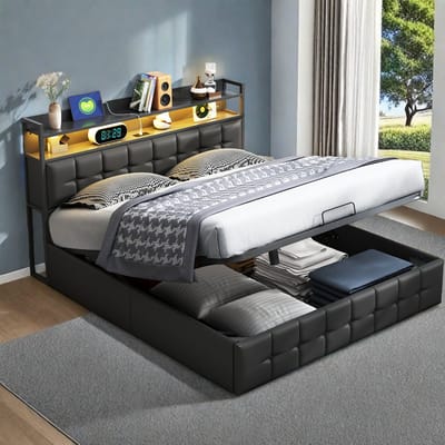 Tweepersoonsbed met ledverlichting en usb-poort, opbergruimte met hydraulische stang, gestoffeerd hoofdeinde van zwarte PU-stof, 140x190 cm, exclusief matras
