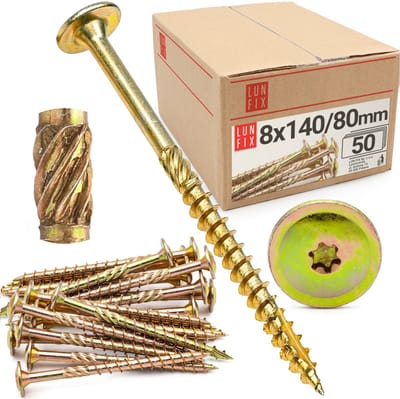 LUN FIX - Tellerkopfschroeven 8x140 - 50 stuks - TX40 Torx - Tellerkop met freestrips - Houtschroeven