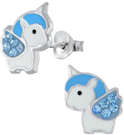Joy|S - Zilveren baby eenhoorn oorbellen 8 x 10 mm kristal blauw unicorn