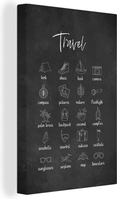 Canvas Schilderij Spreuken - Quotes - Travel - Tent - Schoenen - 20x30 cm - Wanddecoratie