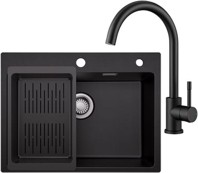 SOFETIY MAX Granieten spoelbakken (60x45 cm) Zwart - Spoelbak Keuken Met Keukenkraan - Wasbak Keuken Met Waterafvoersysteem en Afdruiprek