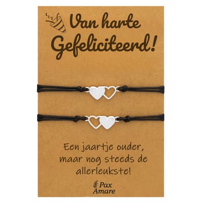 Vriendschapsarmbandjes voor 2 "Van Harte Gefeliciteerd" - Hartjes - BFF Armbandjes met Verjaardags Cadeau Kaartje - Zilverkleurig - Elastisch Verstelbaar - Pax Amare