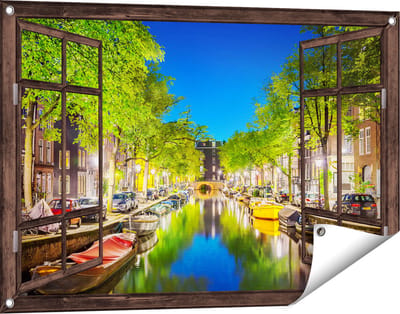 Gards Tuinposter Doorkijk Amsterdamse Gracht in de Nacht - 90x60 cm - Tuindoek - Tuindecoratie - Wanddecoratie buiten - Tuinschilderij