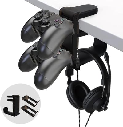 2 in 1 Gaming Hoofdtelefoon Hanger en Controller Houder, 360° Draaibare Onder Bureau Hoofdtelefoonstandaard met Kabelorganizer, Universele Headset en Controller Haak, Zwart