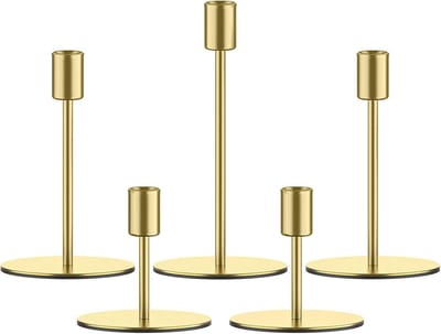 Set van 5 Gouden Kandelaars voor Lange Kaarsen met Spiegel Onderzetter - Luxe Tafeldecoratie