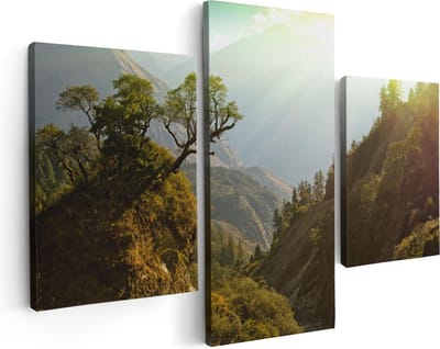 Artaza Canvas Schilderij Drieluik Bos In De Bergen Met Zonneschijn - Kleur - 90x60 - Foto Op Canvas - Canvas Print