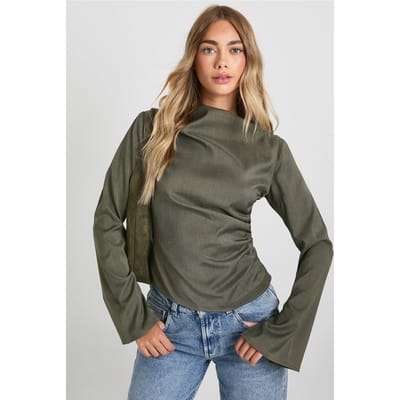 boohoo Dames Top met hoge halslijn geraffelde top | Khaki | Maat: 10