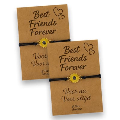 Vriendschapsarmbandjes voor 2 "Best Friends Forever" - Zonnebloem - BFF Armbandjes met Persoonlijk Cadeau Kaartje - Zwart met Bloem Hanger - Op Twee Kaartjes- Pax Amare
