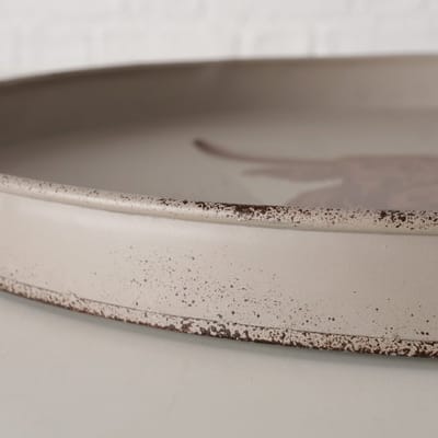 Boltze - Decoratie - Dienblad - Bertha - Rond 30 cm - Metaal - Grijs/Beige - Schotse Hooglander - Tray