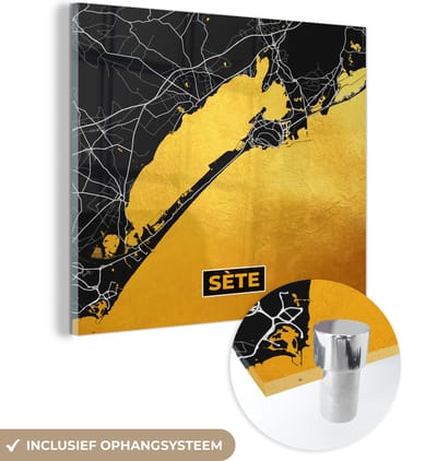 MuchoWow® Glasschilderij 90x90 cm - Schilderij acrylglas - Stadskaart – Frankrijk – Kaart – Sète– Plattegrond - Foto op glas - Schilderijen