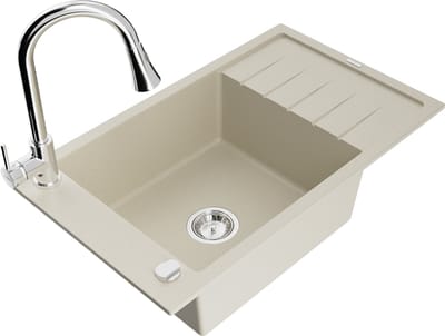 Mexen Elias granieten spoelbak 1-komerig met afdruiprek en keukenmengkraan Elia, beige - 6511-69-670101-00