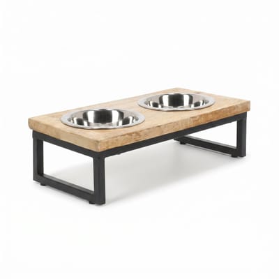 Kattenvoerbak Dubbel – Luxe Kattenvoerbak Mangohout met RVS Bakken – Dubbele Voer- & Drinkbak voor Katten – 2x 250 ml