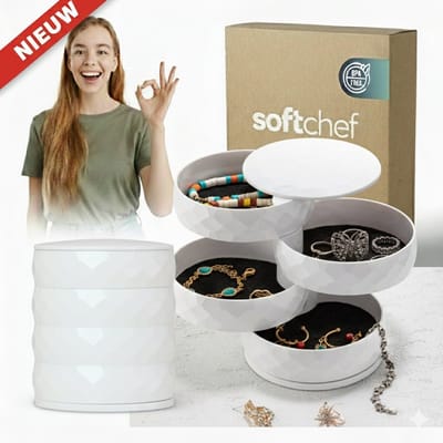 Soft Chef Diamond Jewelry Sieraden Organizer – Wit – Set van 2 – Draaibaar 360° – Stofvrij – Compact & Stijlvol – Perfect Cadeau