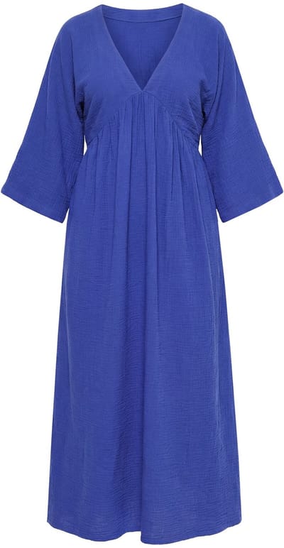 Ulla Popken - Dames - Maxi-jurk mousseline A-lijn V-hals 3/4-mouwen - Azuurblauw - Maat 46+