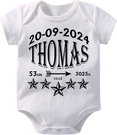 Hospitrix Baby Rompertje met Geboortegegevens Zwart Jongen 2.0 | Korte Mouw | Cadeau voor Zwangerschap | Bekendmaking | Aankondiging