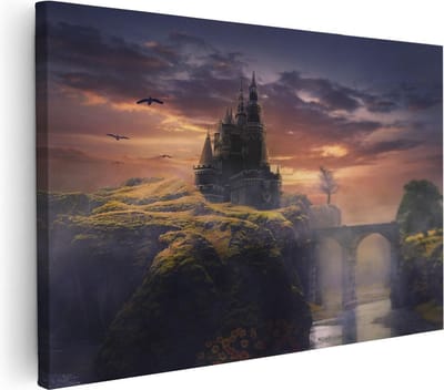 Artaza Canvas Schilderij Fantasie Kasteel - 60x40 cm - Wanddecoratie Zonsondergang - Muurdecoratie Landschap - Schilderijen Op Canvas Natuur