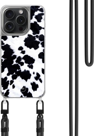 Hoesje met koord geschikt voor iPhone 13 Pro - Koeienprint - Inclusief zwart koord - Crossbody beschermhoes - Transparant, Zwart, Wit - Mooie Telefoonhoesjes